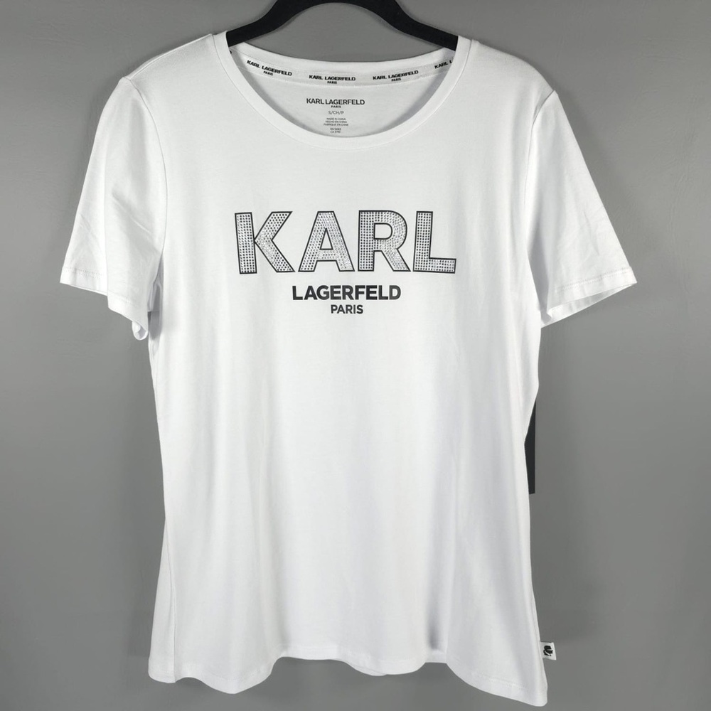 NWT KARL LAGERFELD Embellished LOGO White Silver T-Shirt‎ Style L4XHA070 SMALL
